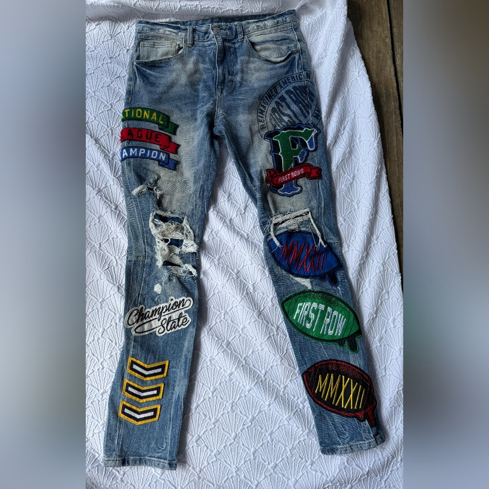 Men's Light Blue Skinny Jeans with Patchwork Embroidery
